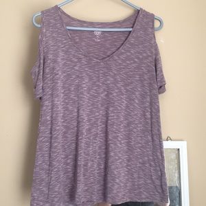 A purple V-neck shoulder cut out T-shirt